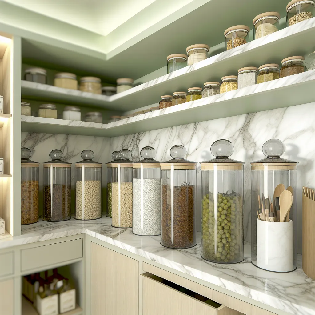 Luxury pantry with marble countertops and premium containers